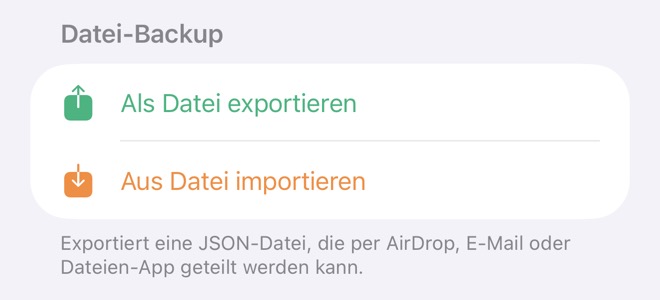 Ausschnitt „Datei-Backup“ mit Export und Import als Datei
