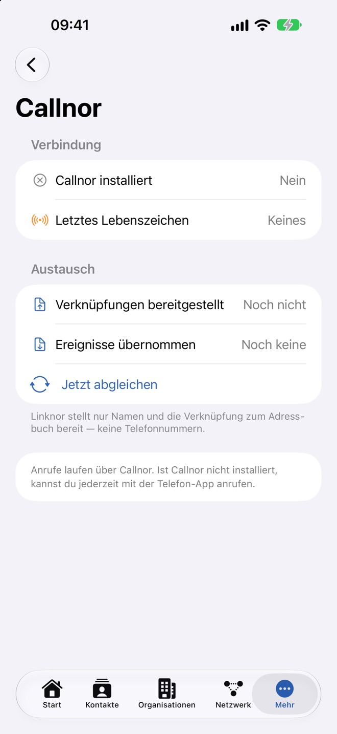 Callnor-Seite mit Verbindungsstatus und „Jetzt abgleichen“