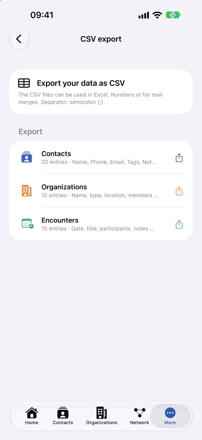 Page « Export CSV » avec un export pour les contacts, les organisations et les rencontres