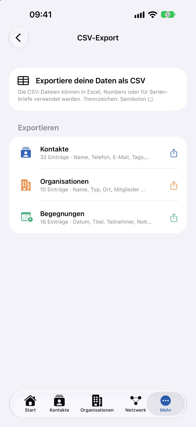 Seite „CSV-Export“ mit je einem Export für Kontakte, Organisationen und Begegnungen