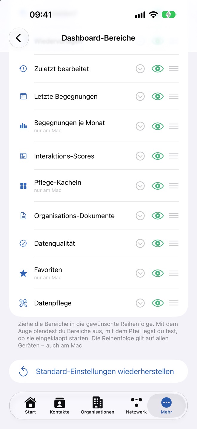 Bereiche mit „nur am Mac“ und „Standard-Einstellungen wiederherstellen“.