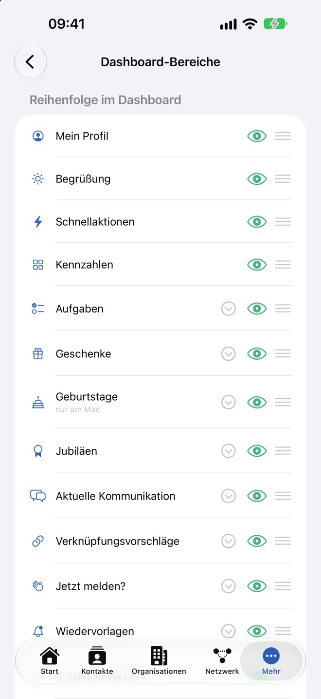 Reihenfolge im Dashboard: Pfeil, Auge und Griff je Bereich.