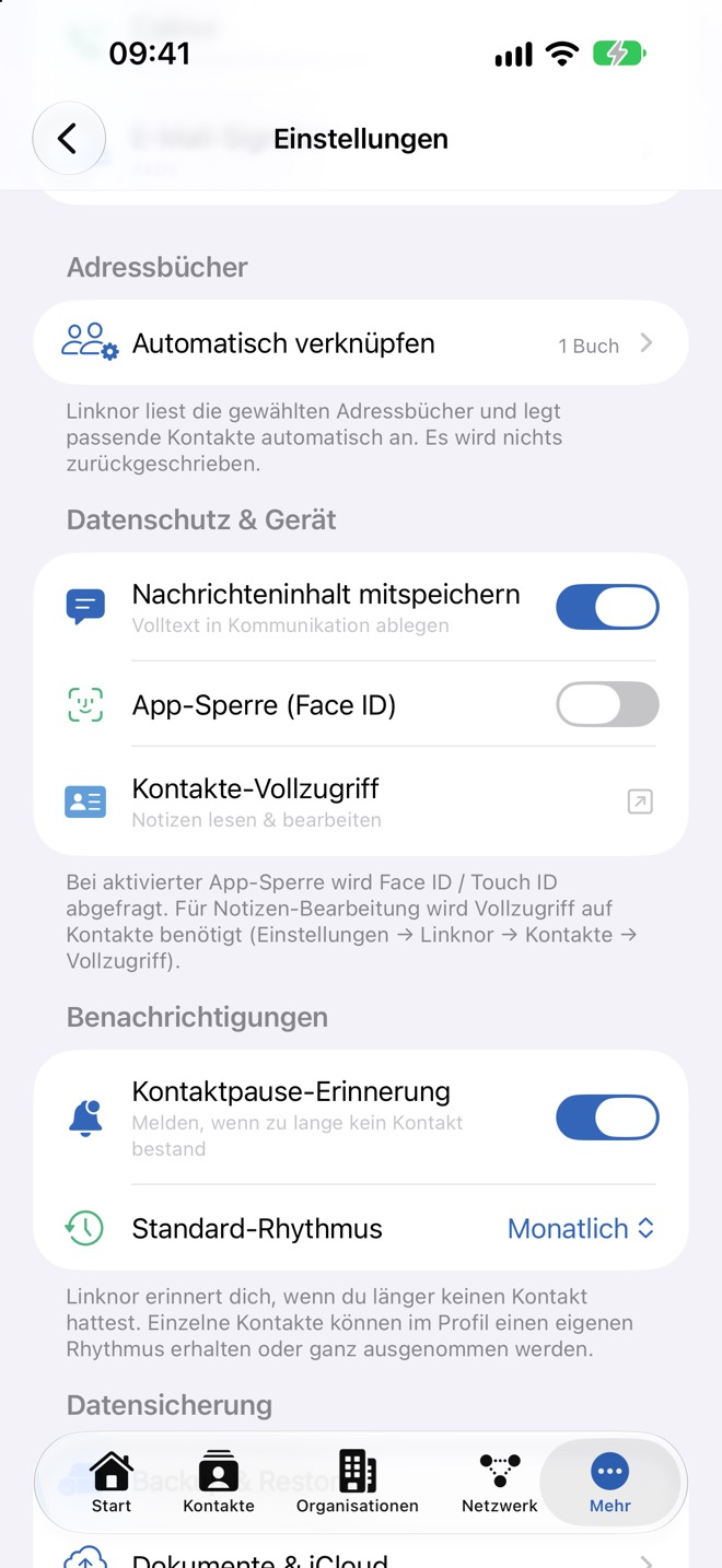 Abschnitt „Datenschutz & Gerät“ mit Nachrichteninhalt, App-Sperre und Kontakte-Vollzugriff.