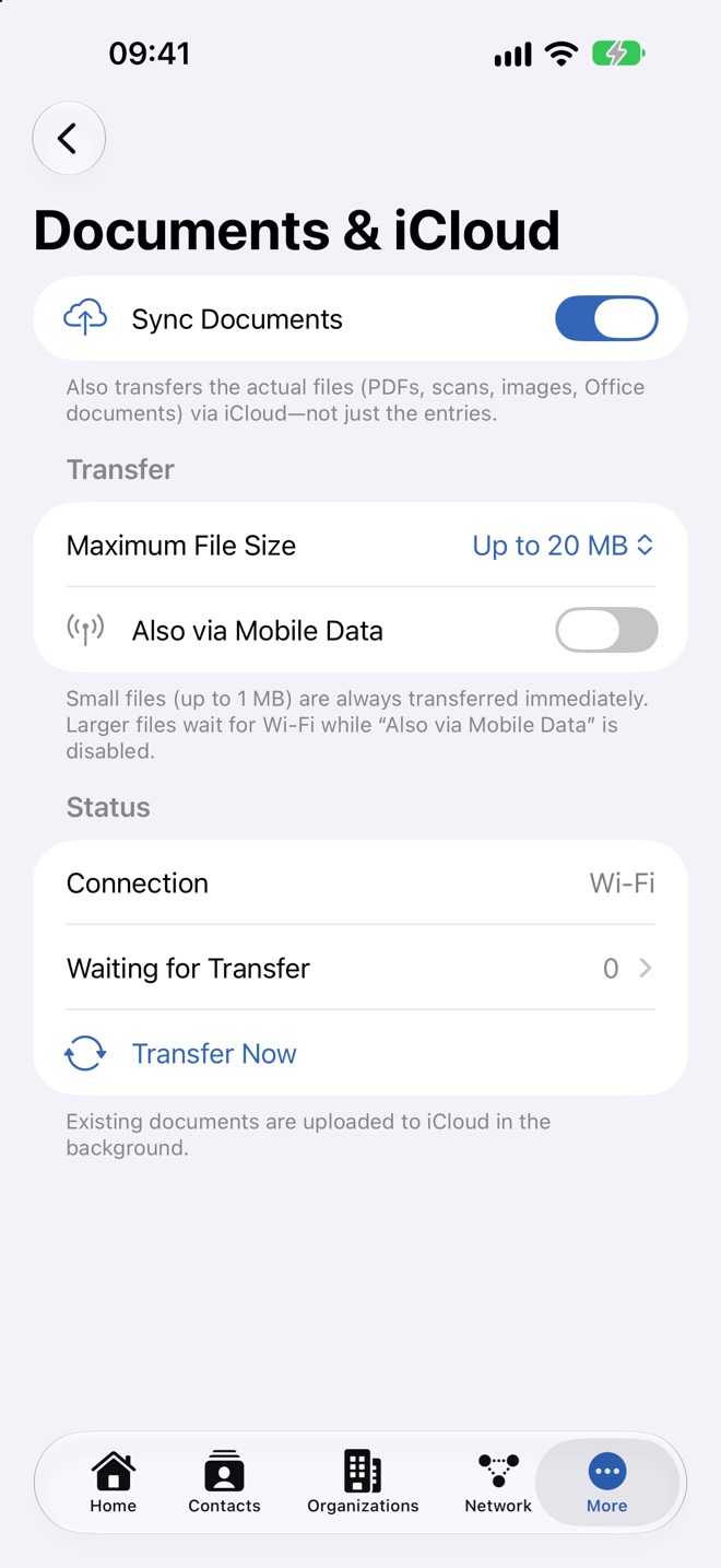 Page « Documents et iCloud » avec la taille de fichier, les données mobiles et l’état