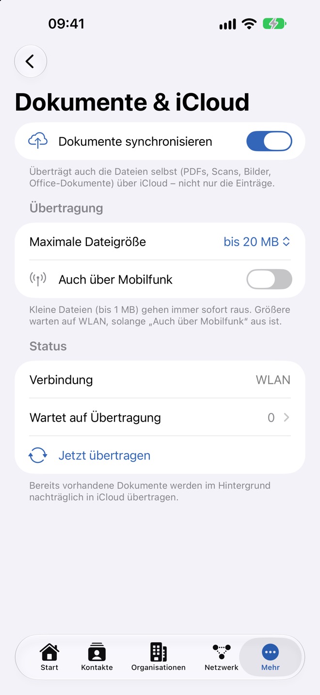 Seite „Dokumente & iCloud“ mit Dateigröße, Mobilfunk und Status