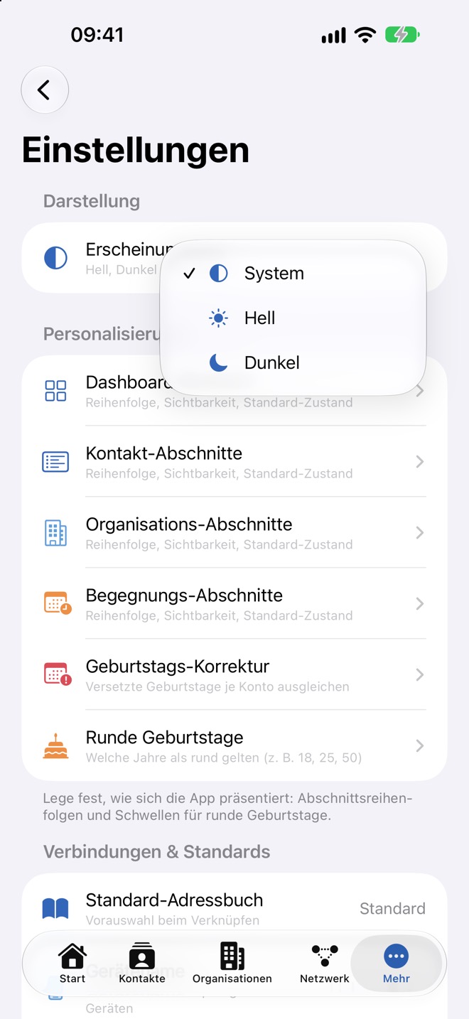 Auswahl „Erscheinungsbild“ mit System, Hell und Dunkel