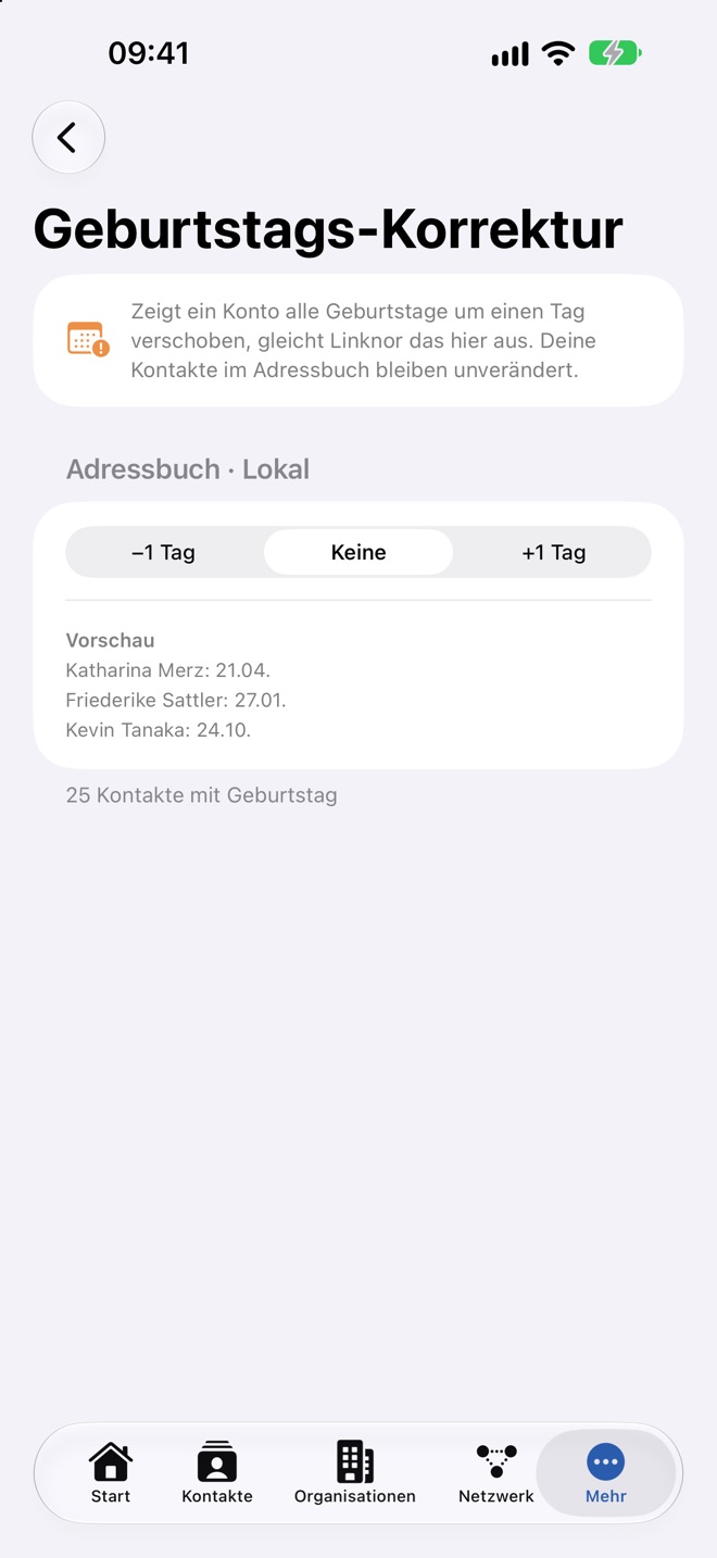 Einstellung „Geburtstags-Korrektur“ mit Auswahl je Adressbuch-Konto