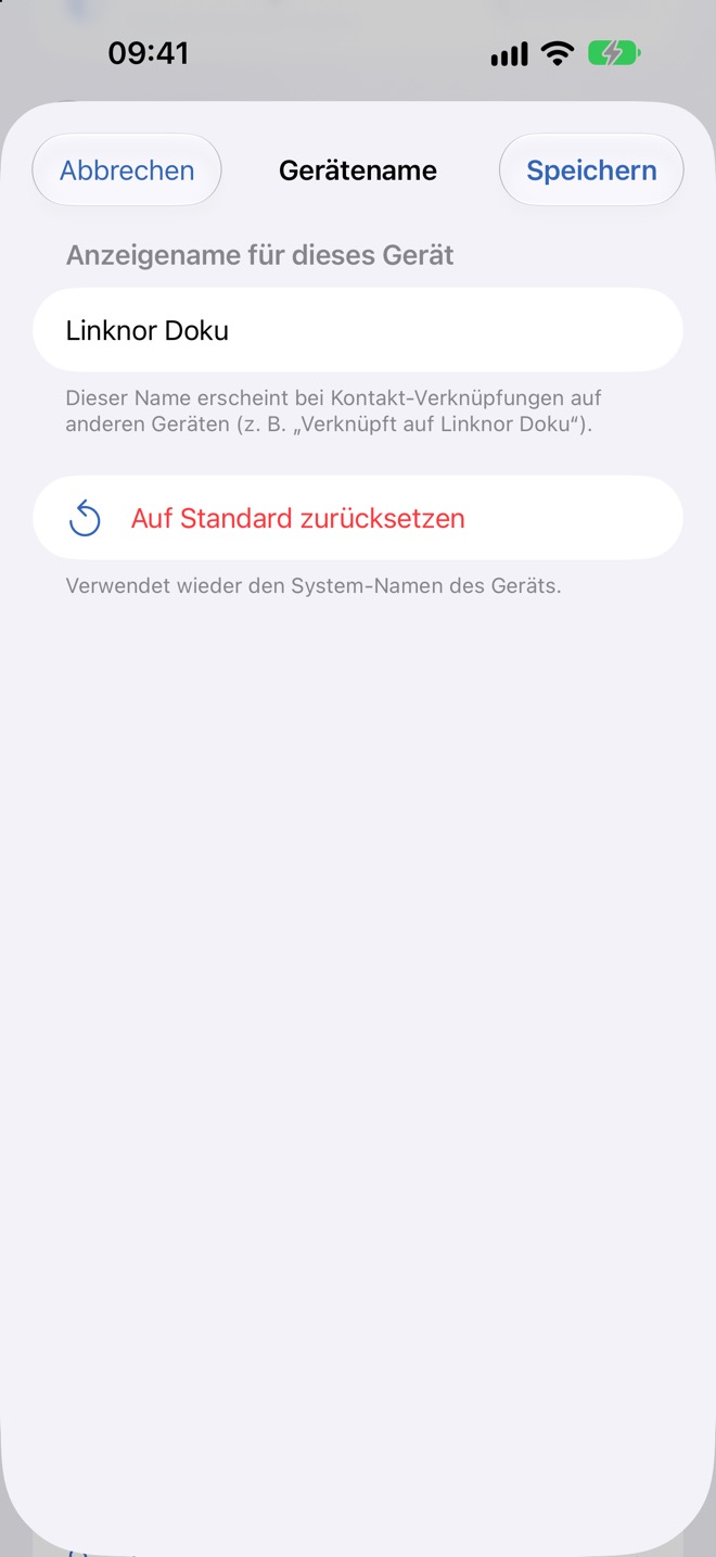 Blatt „Gerätename“ mit eigenem Namen und „Auf Standard zurücksetzen“