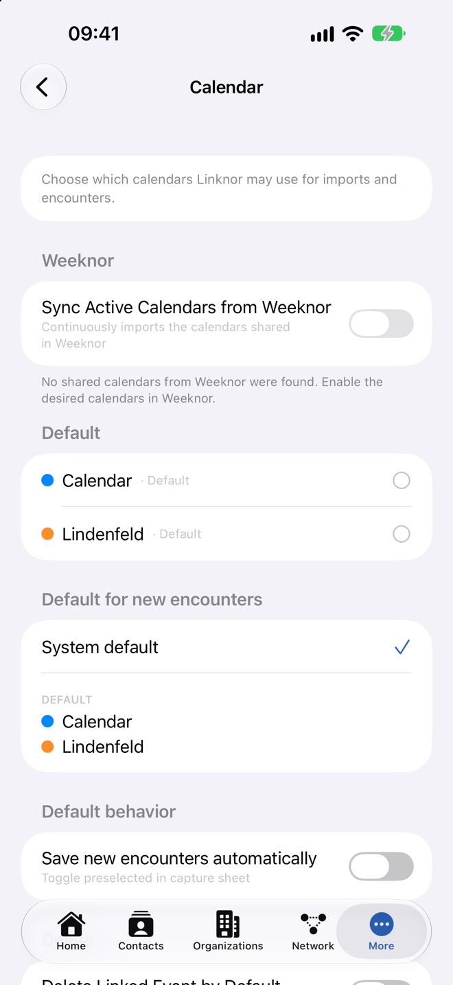 Réglages du calendrier avec la synchronisation Weeknor, les calendriers autorisés et le calendrier par défaut