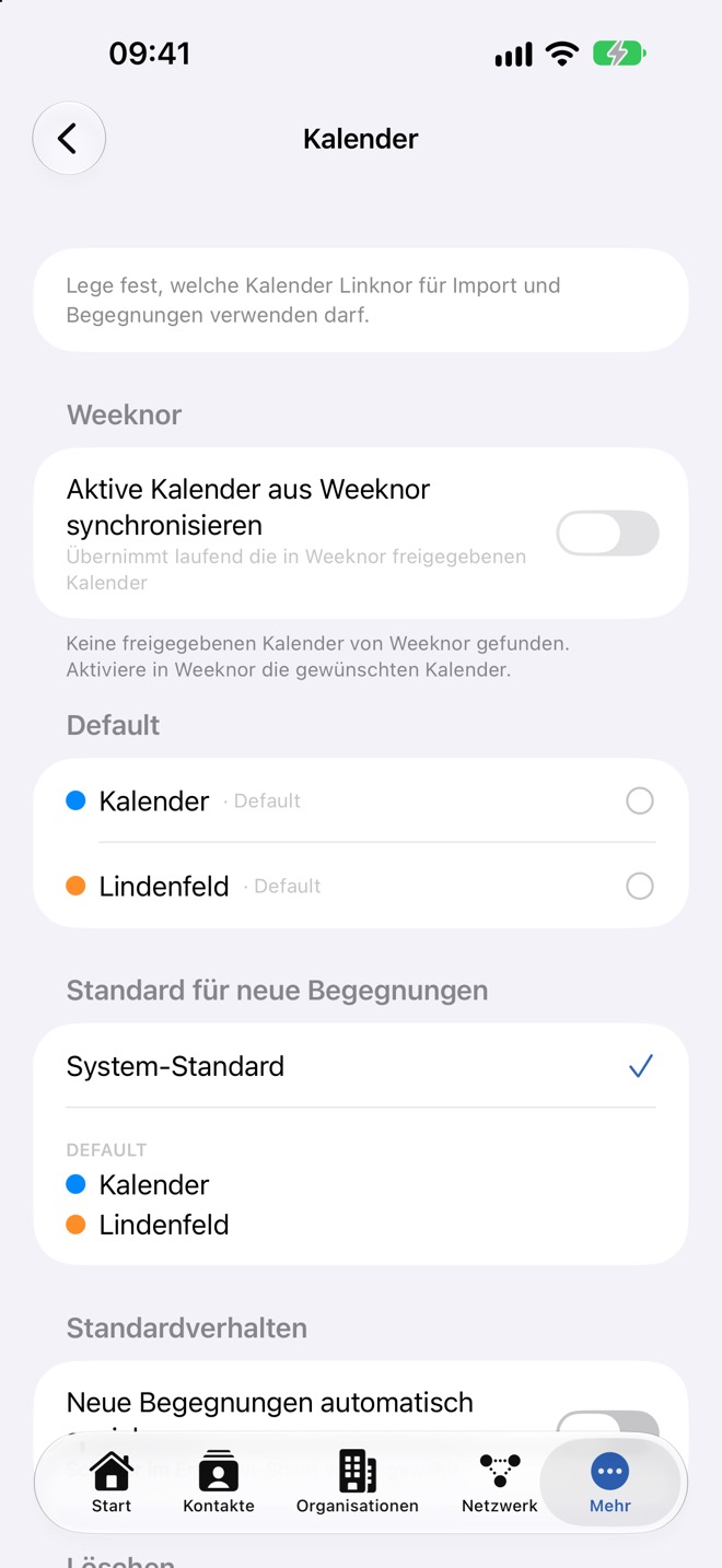 Kalender-Einstellungen mit Weeknor-Abgleich, erlaubten Kalendern und Standard