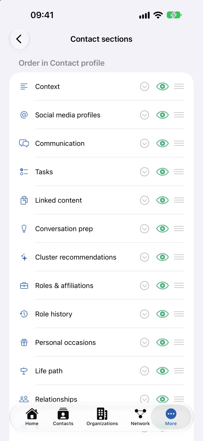 Ordre des sections dans le profil du contact, avec flèche, œil et poignée de déplacement