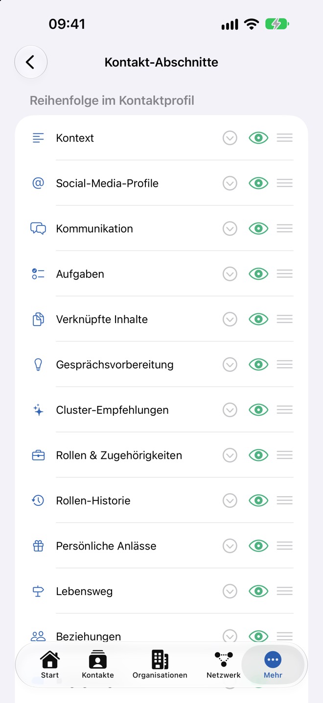 Reihenfolge der Abschnitte im Kontaktprofil mit Pfeil, Auge und Ziehgriff