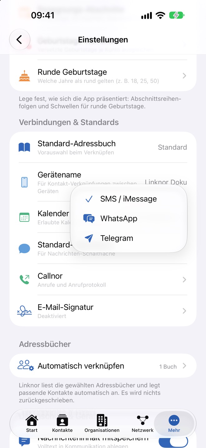 Menü „Standard-Messenger“ mit SMS / iMessage, WhatsApp und Telegram