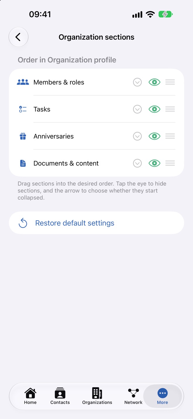 Ordre des sections dans le profil de l’organisation