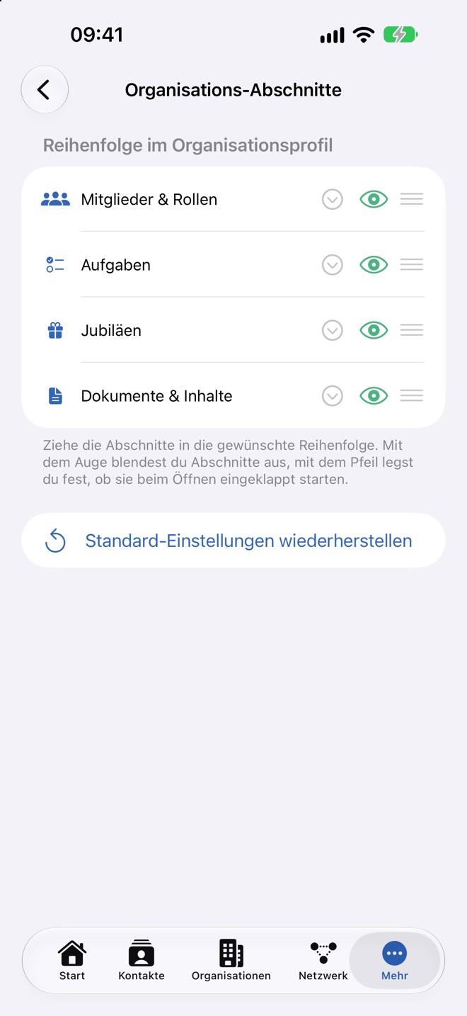 Reihenfolge der Abschnitte im Organisationsprofil