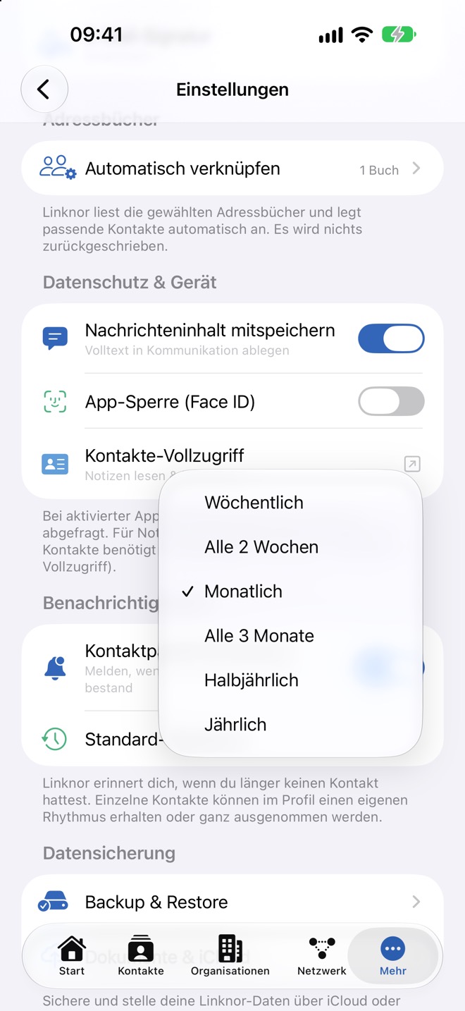 Auswahl „Standard-Rhythmus“ mit „Monatlich“ als gewähltem Wert