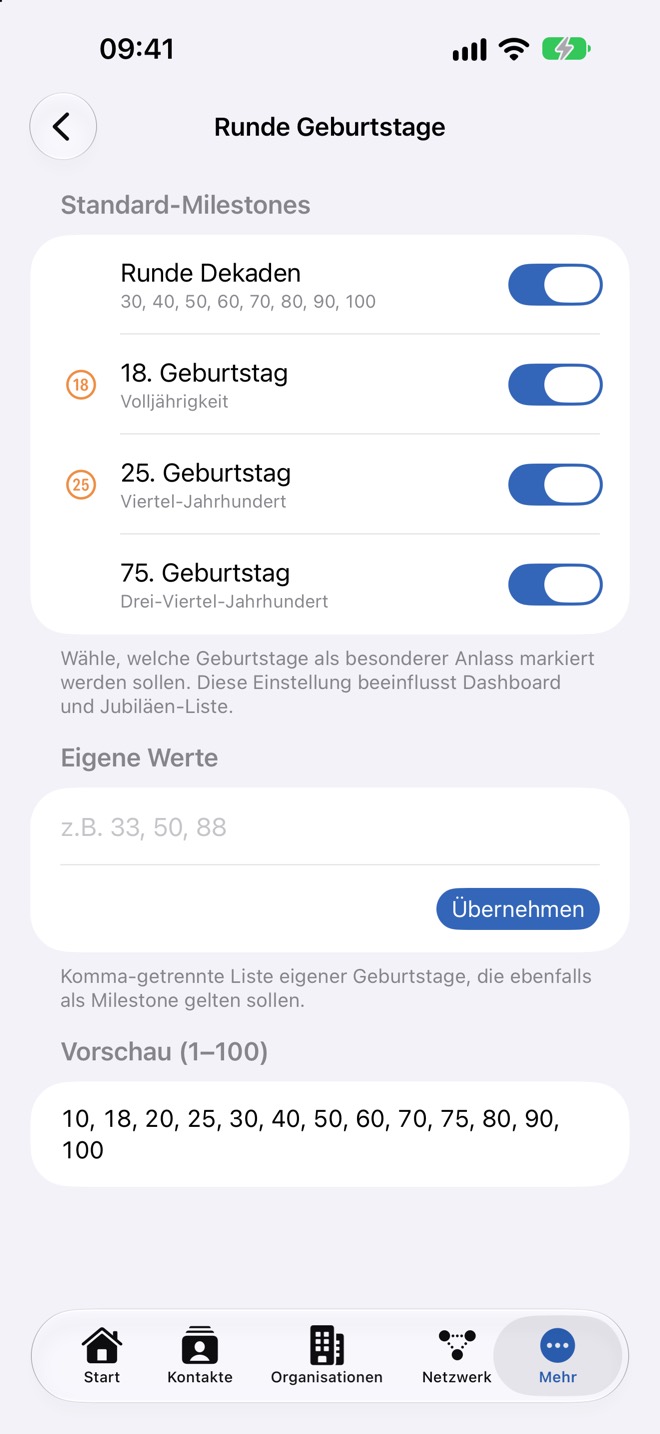 Einstellung „Runde Geburtstage“ mit Standardwerten, eigenen Werten und Vorschau