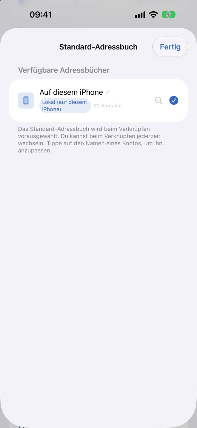 Blatt „Standard-Adressbuch“ mit dem gewählten Adressbuch