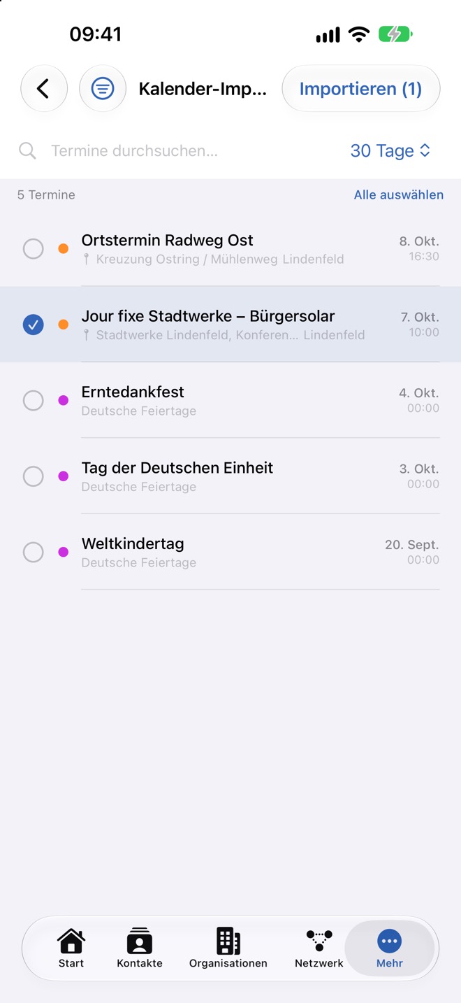 Kalender-Import in den Einstellungen: Zeitraum 30 Tage, ein Termin markiert