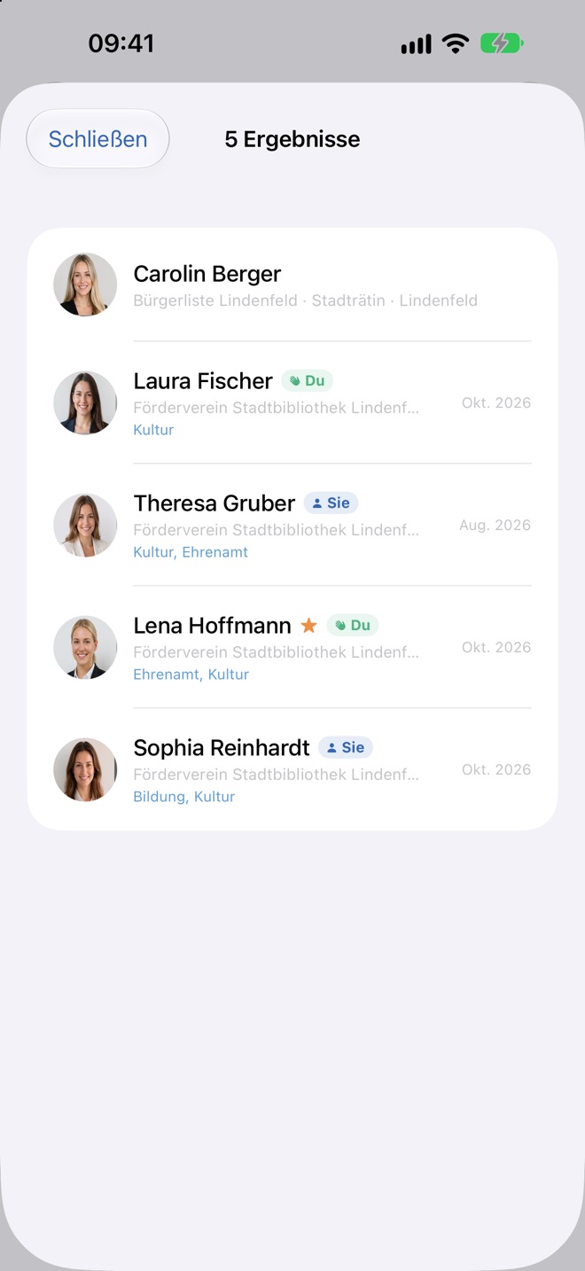 Trefferliste mit fünf passenden Personen
