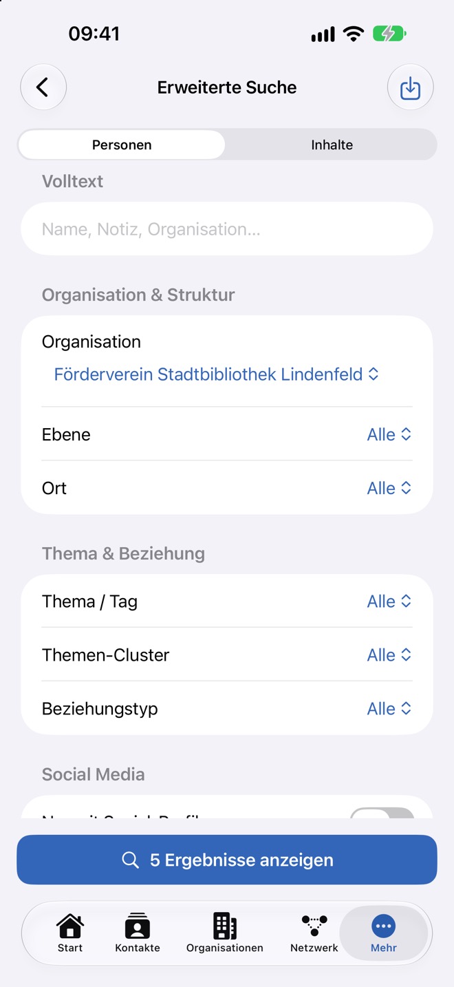 Erweiterte Suche mit gewählter Organisation und dem Knopf für die Ergebnisse