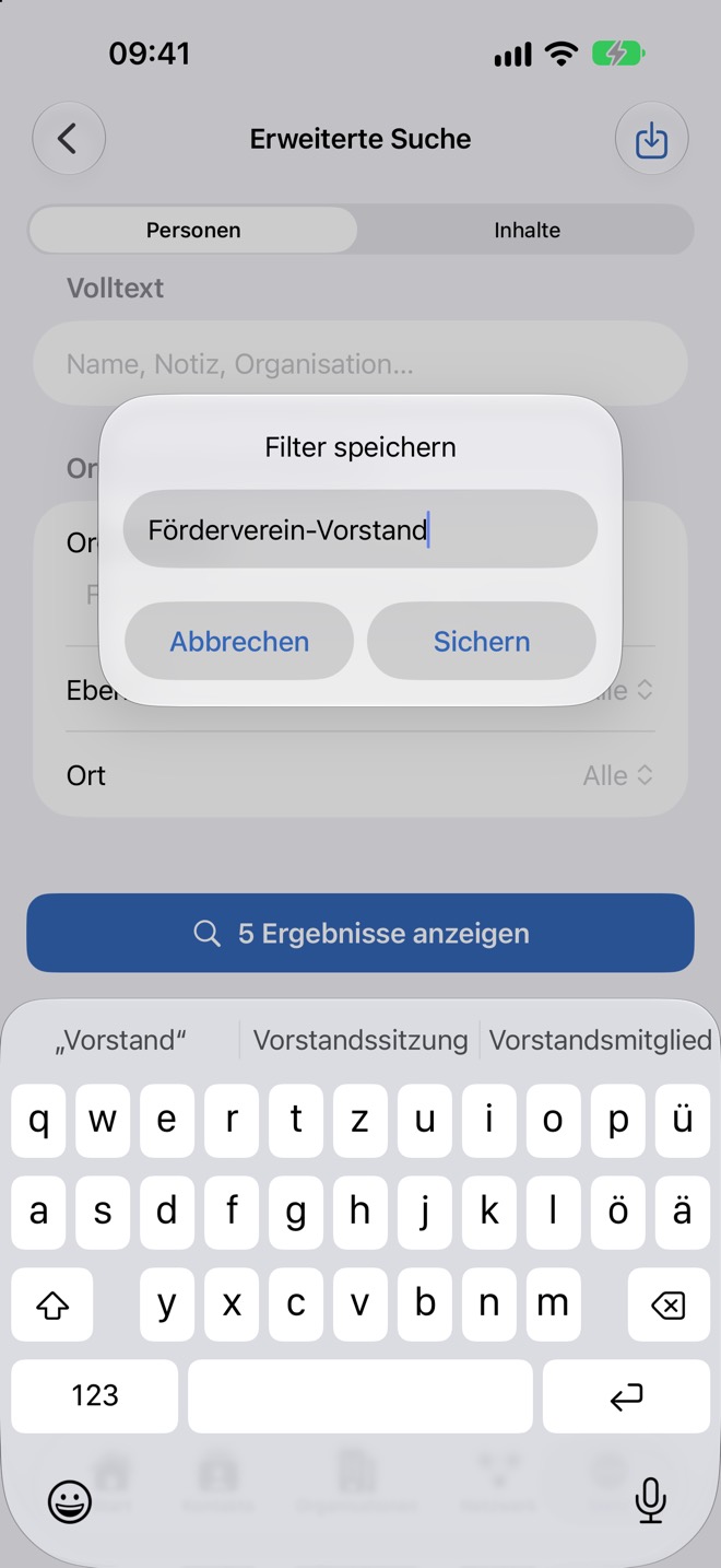 Abfrage „Filter speichern“ mit eingegebenem Filternamen
