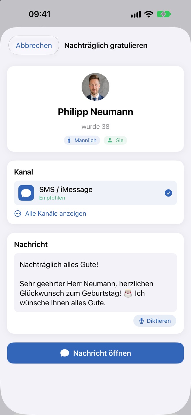 Blatt „Nachträglich gratulieren“ mit empfohlenem Kanal und vorbereiteter Nachricht