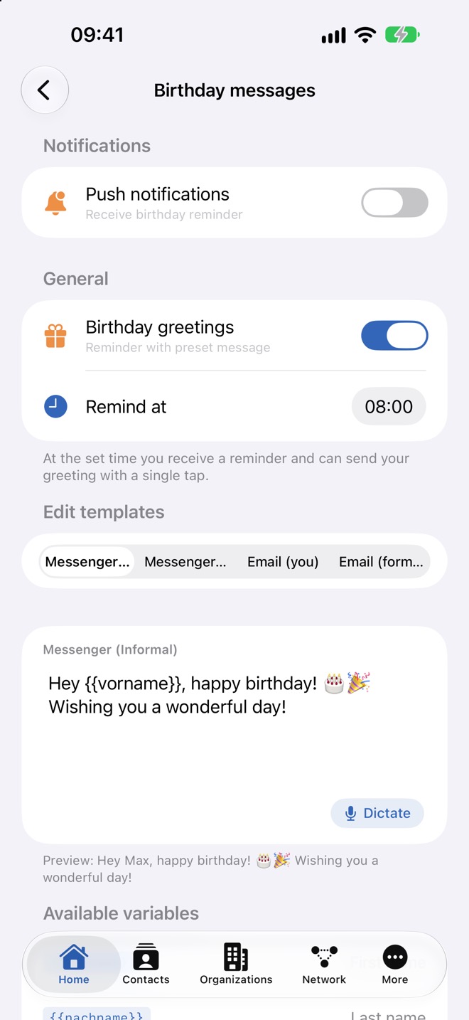 Réglages « Messages d’anniversaire » avec le rappel et le modèle « Messagerie (vous) »