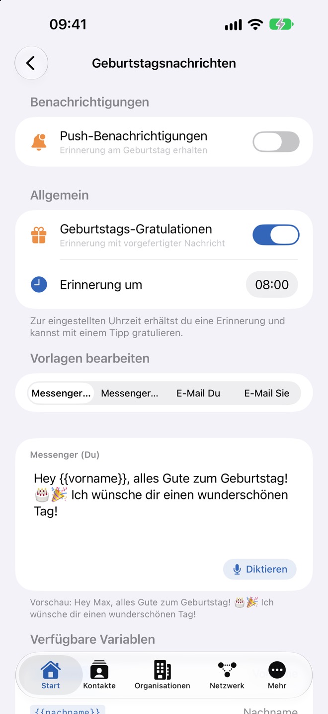 Einstellungen „Geburtstagsnachrichten“ mit Erinnerung und Vorlage „Messenger Du“