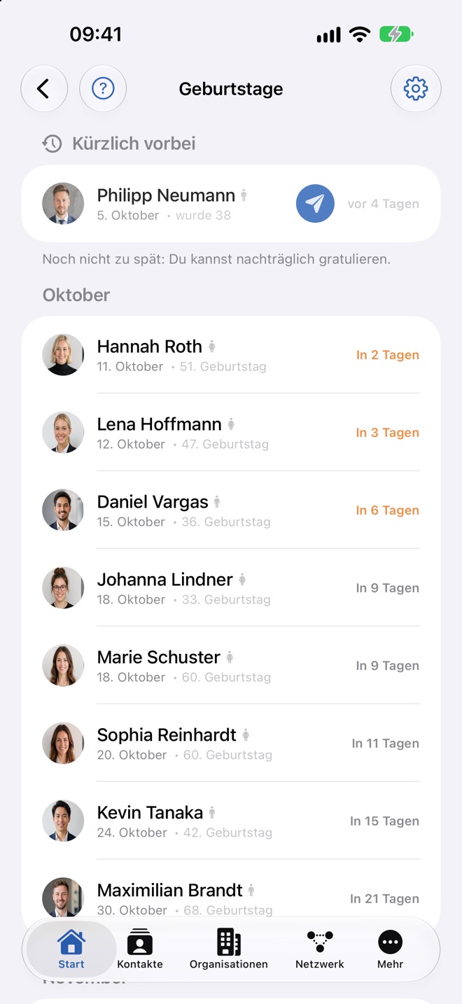 Die Geburtstagsliste, erreichbar über die Geburtstagszeile unter „Mein Profil“.