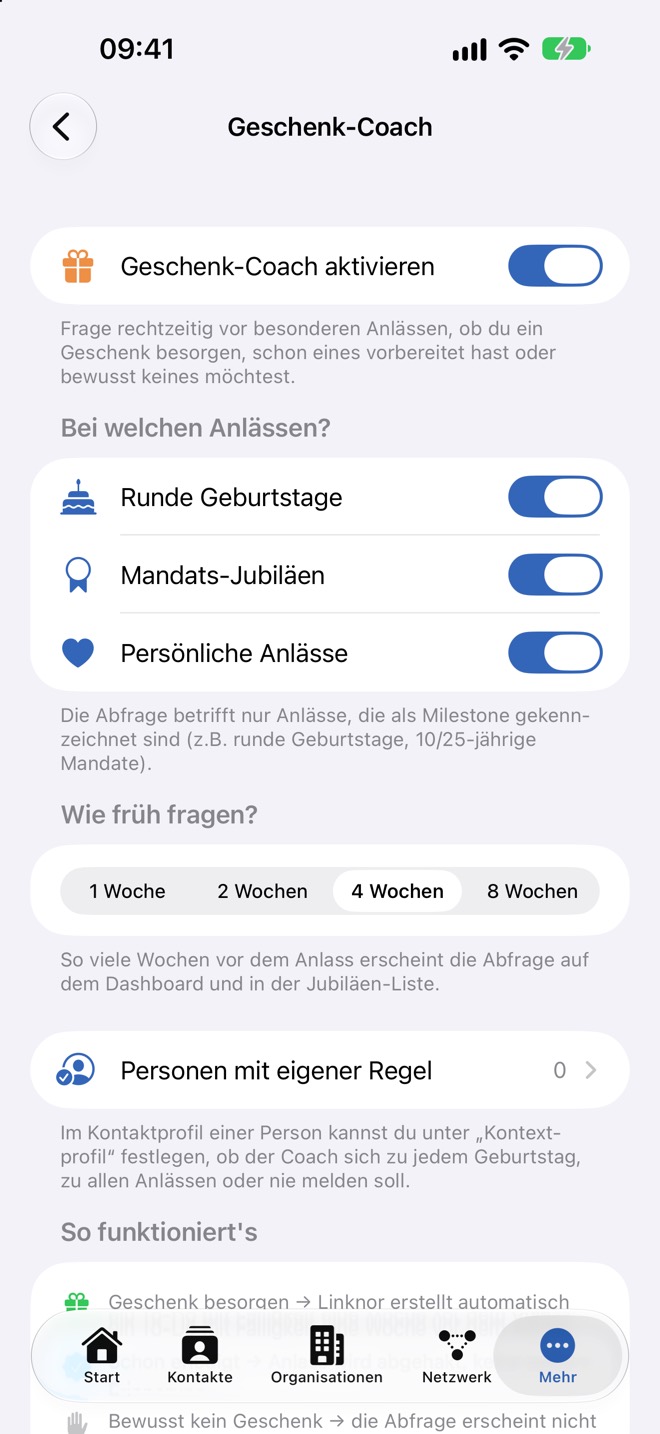 Einstellungen des Geschenk-Coachs mit Anlässen und Vorlauf