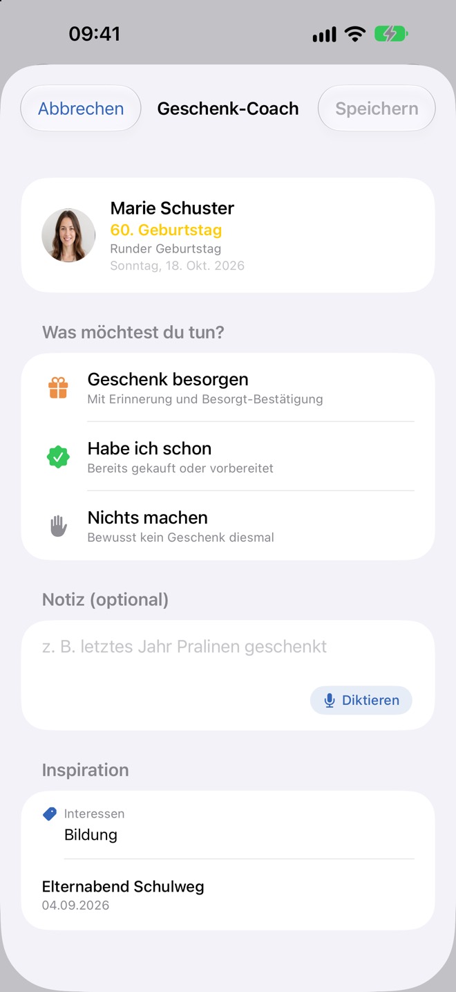 Blatt „Geschenk-Coach“ mit den drei Entscheidungen zu einem runden Geburtstag