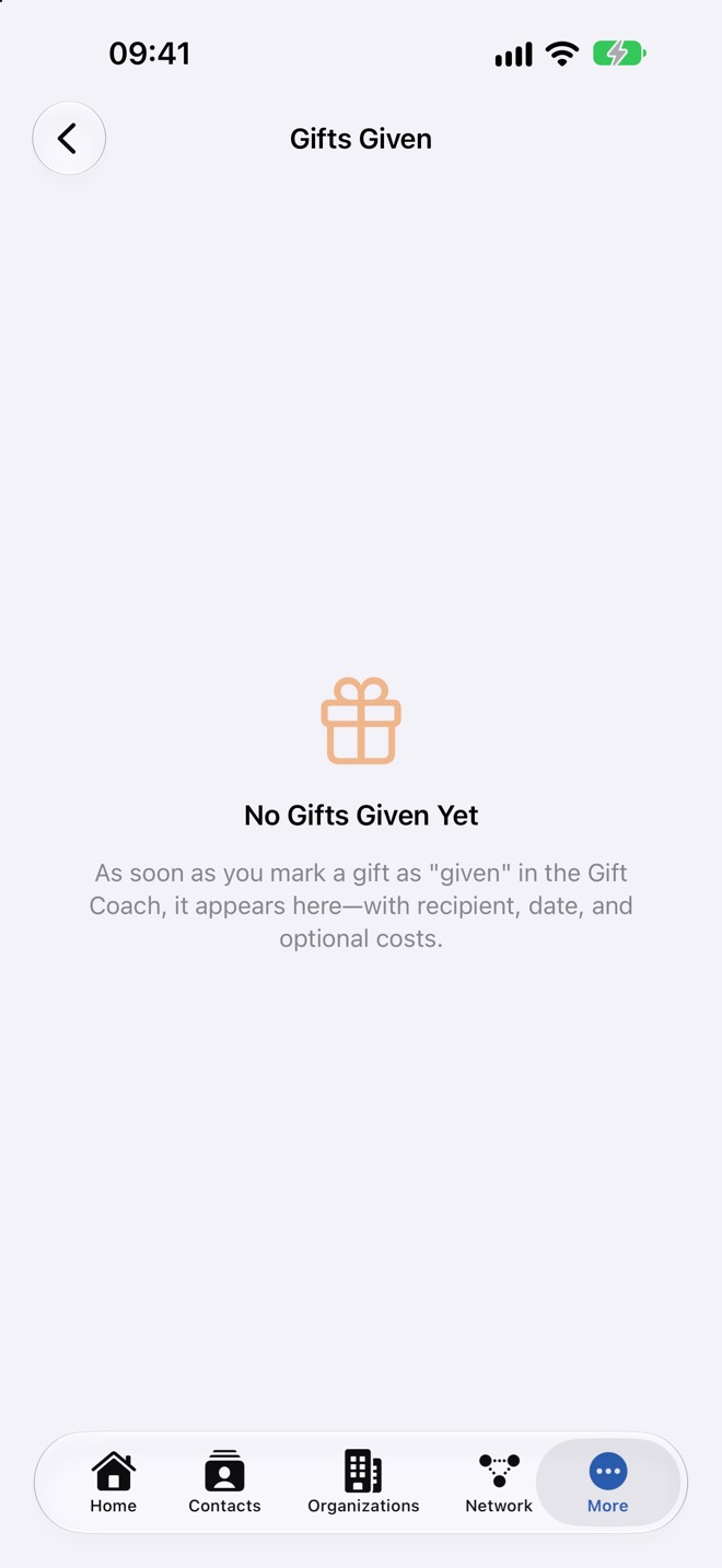 Liste vide « Cadeaux offerts » avec une explication
