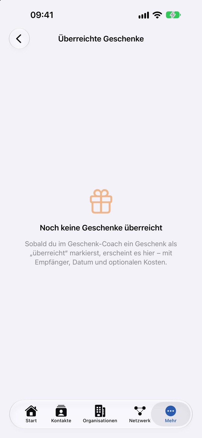 Leere Liste „Überreichte Geschenke“ mit Erklärung