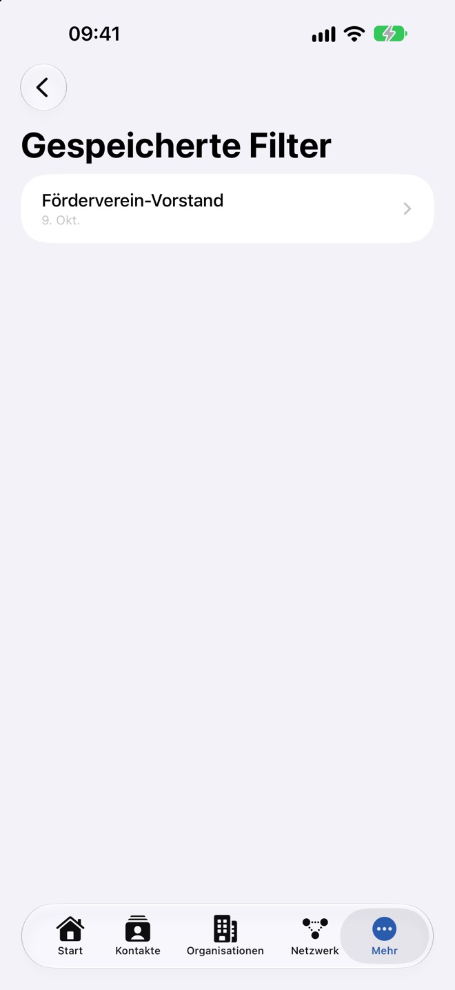 Liste „Gespeicherte Filter“ mit einem Eintrag und Datum