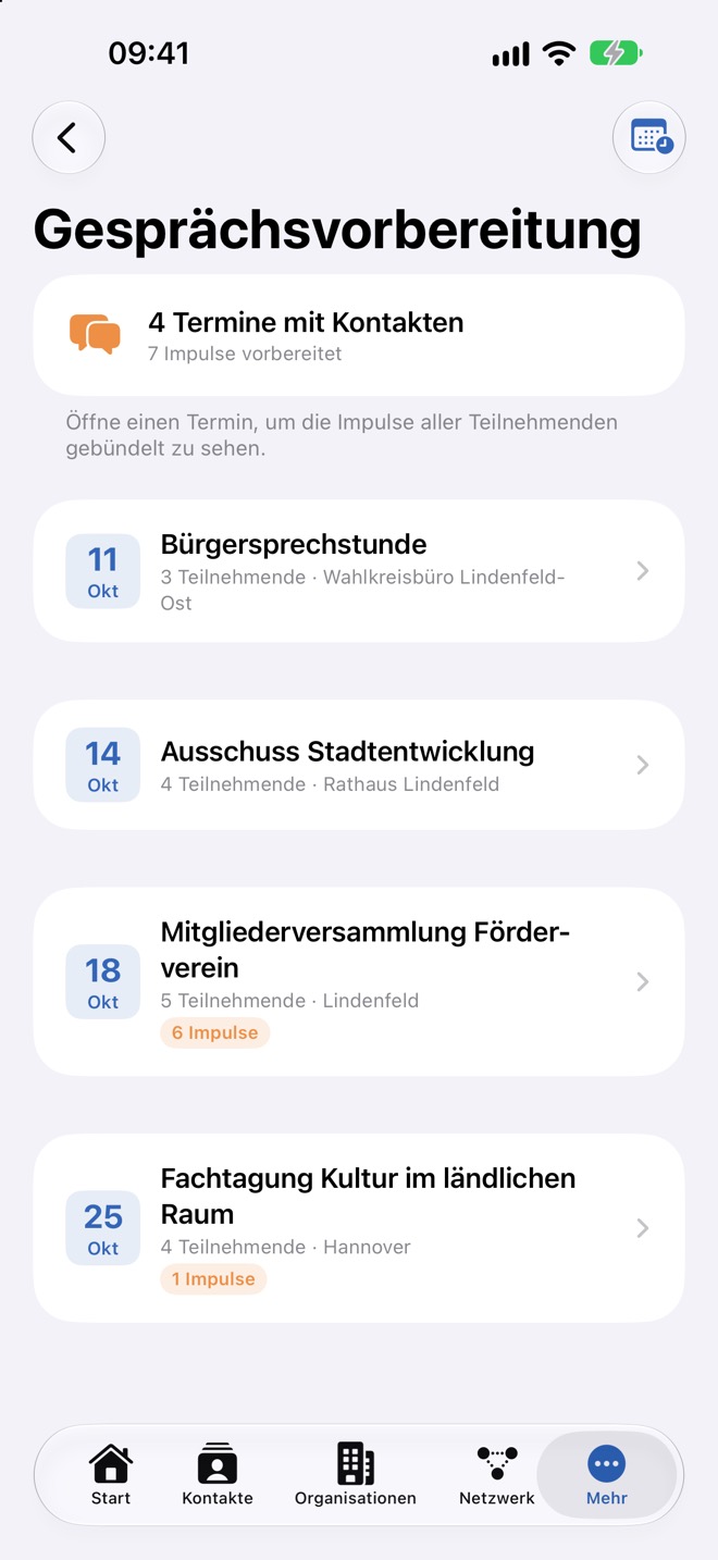 Liste „Gesprächsvorbereitung“ mit vier anstehenden Terminen und ihren Impulsen