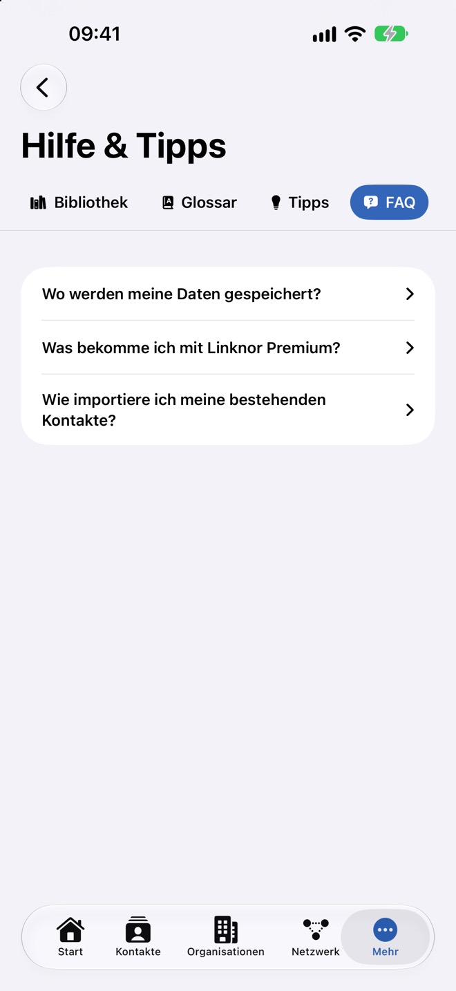Reiter „FAQ“ mit häufigen Fragen.