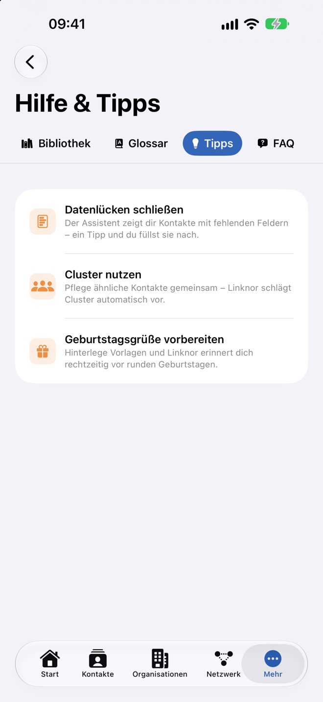 Reiter „Tipps“ mit kurzen Empfehlungen.