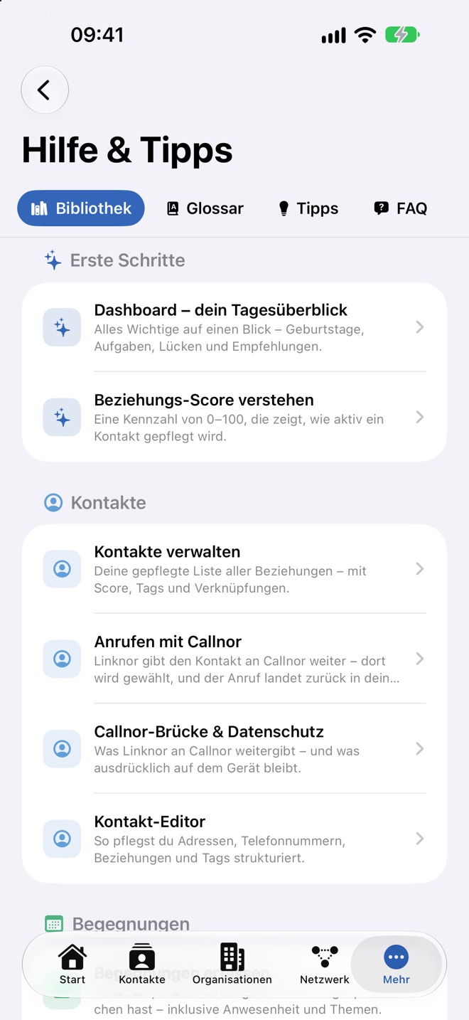 Reiter „Bibliothek“ mit Artikeln nach Themen.