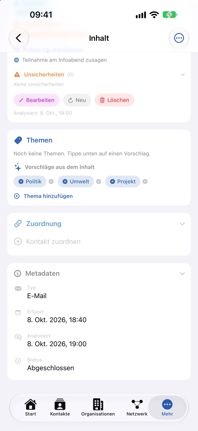 Unterer Teil: Themen mit Vorschlägen, Zuordnung und Metadaten