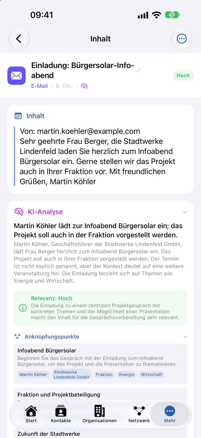 KI-Analyse einer E-Mail mit Zusammenfassung, Relevanz und Anknüpfungspunkten