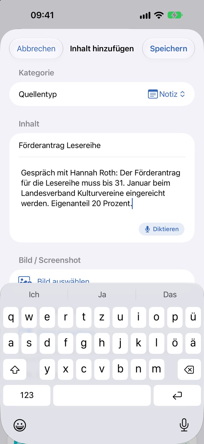 Notiz mit Titel und Text, bereit zum Speichern