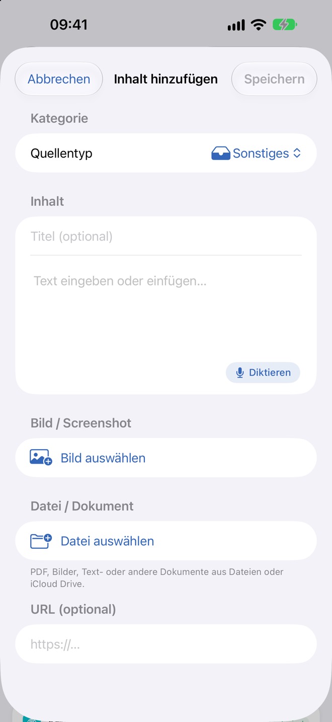Leeres Blatt „Inhalt hinzufügen“ mit Quellentyp, Text, Bild, Datei und URL