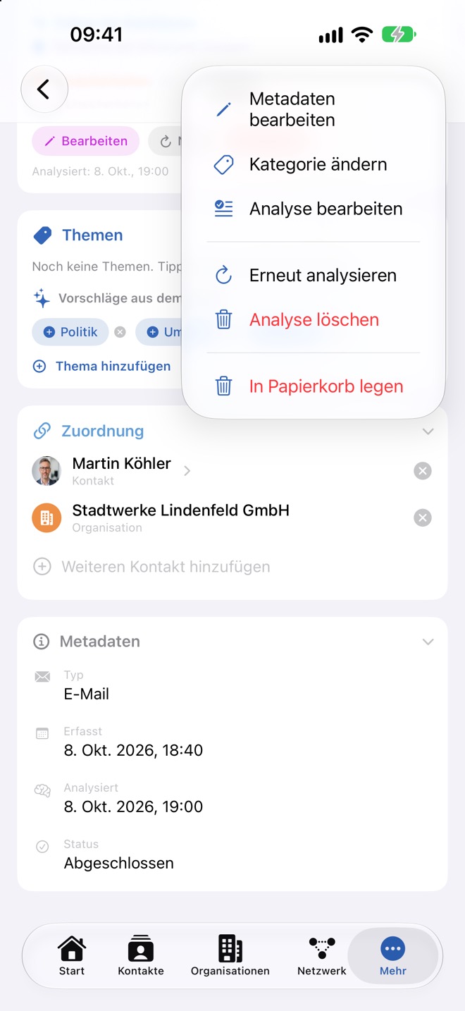 Menü „Weitere“ mit Aktionen für Metadaten, Analyse und Papierkorb