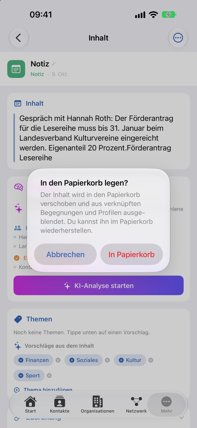Rückfrage „In den Papierkorb legen?“ mit „Abbrechen“ und „In Papierkorb“
