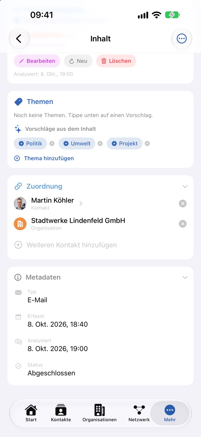 Karten „Themen“ und „Zuordnung“ mit einer Person und einer Organisation