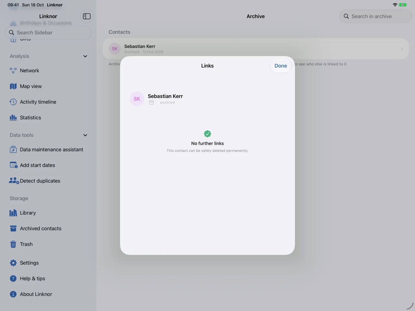 Liens d’un contact archivé, ici sans autre référence