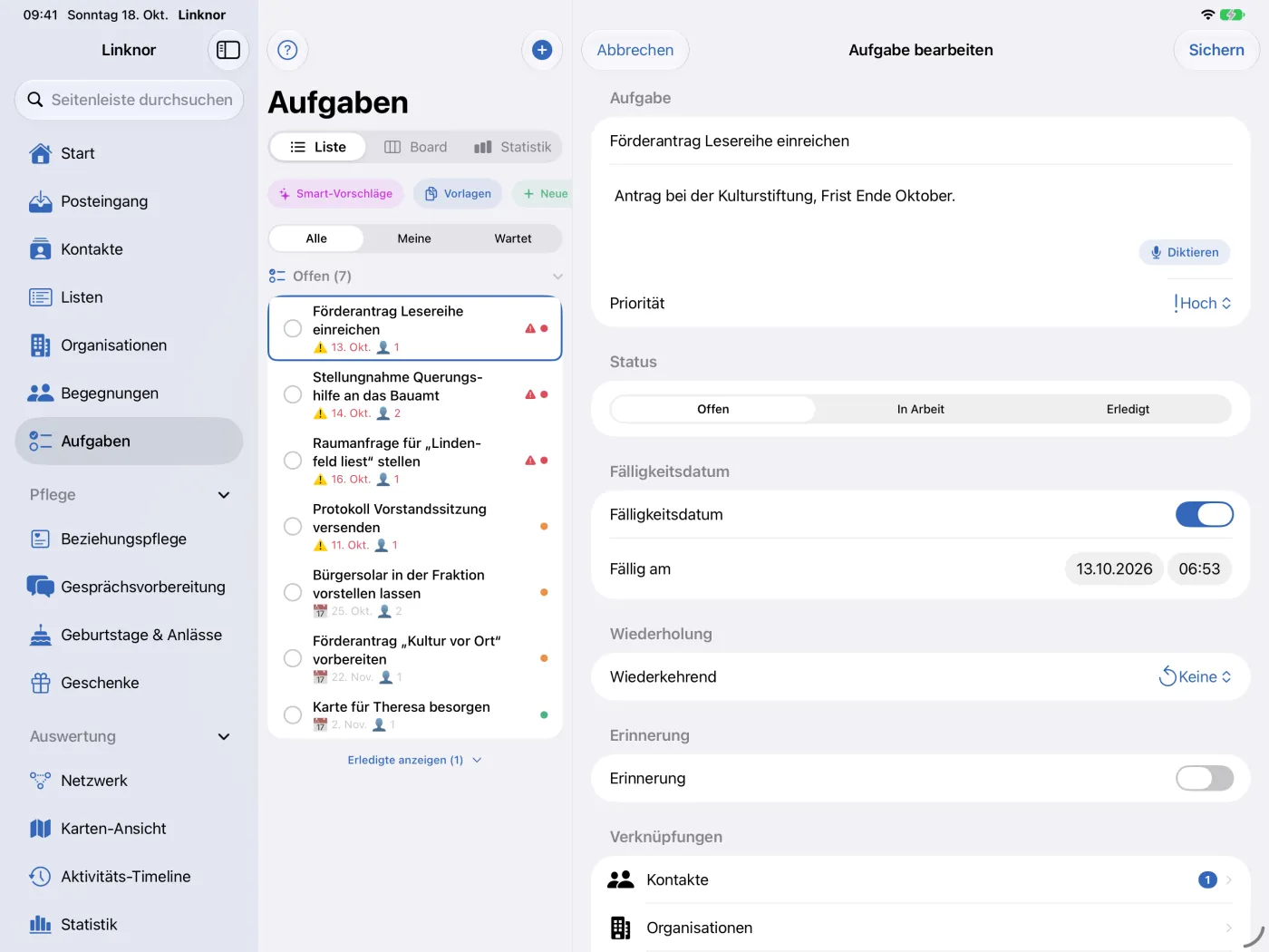 „Aufgabe bearbeiten“ mit der Status-Auswahl „Offen“, „In Arbeit“, „Erledigt“