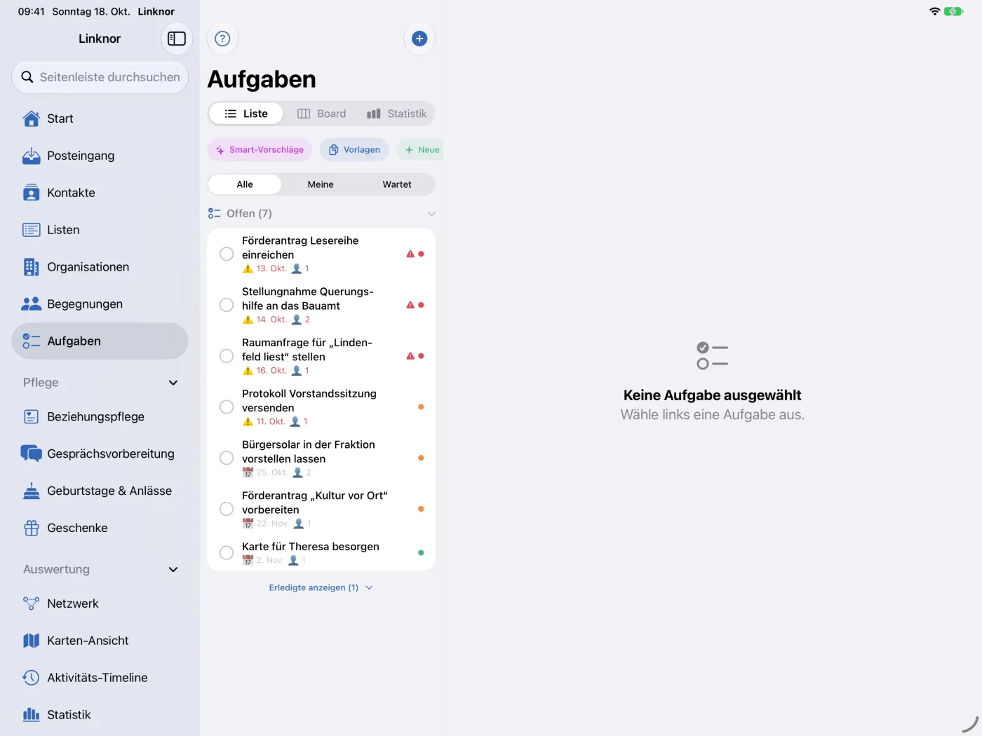 Aufgabenliste mit „Smart-Vorschläge“, „Vorlagen“ und dem Filter „Alle“, „Meine“, „Wartet“