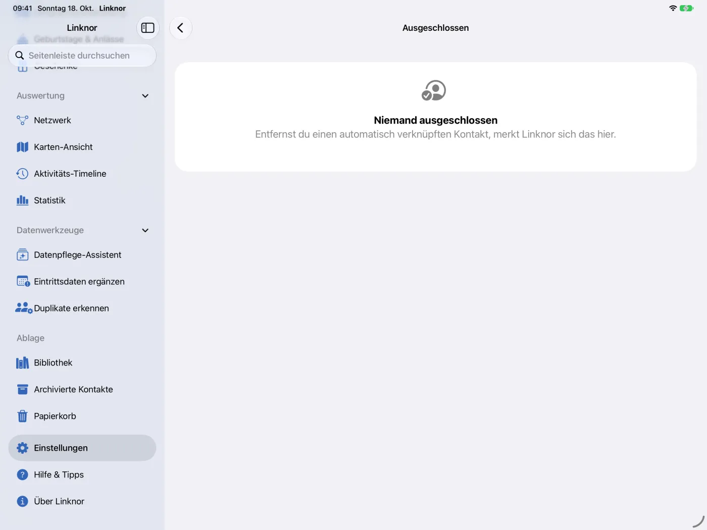 Liste „Ausgeschlossen“ mit einem Kontakt